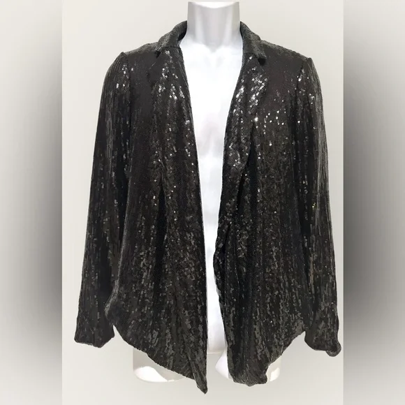 Carmen Marc‎ Valvo Womens Jacket open Black Sequin Lined Drape Collar L - Picture 2 of 11
